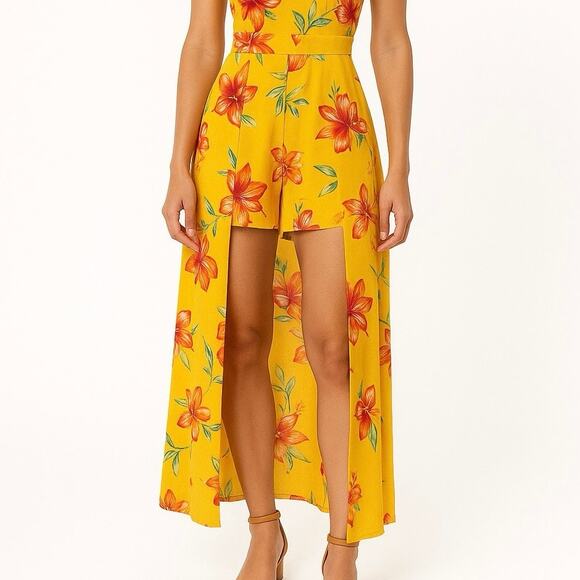 Guess Yellow Floral Sleeveless Cami Camisole Tank Skort Skirt Romper Shorts L - Picture 2 of 7